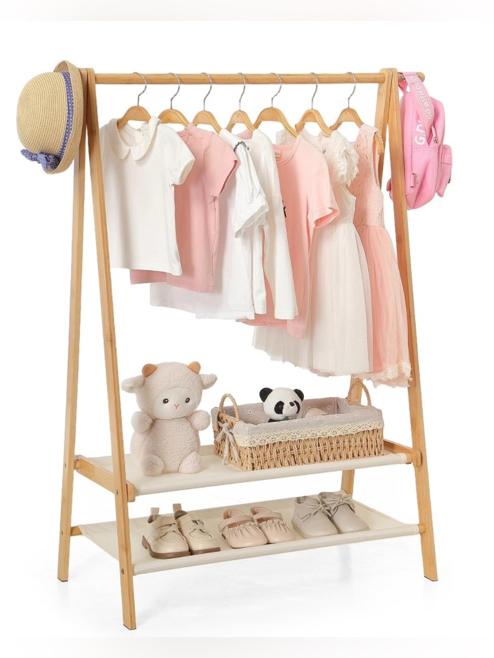 Foldable Kids Clothing Rack - Dress Up Storage with 2 Fabric Shelves Bamboo wood